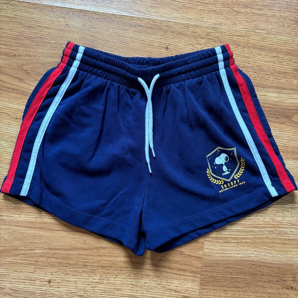Peanuts Navy Athletic Shorts with Red and White Stripes